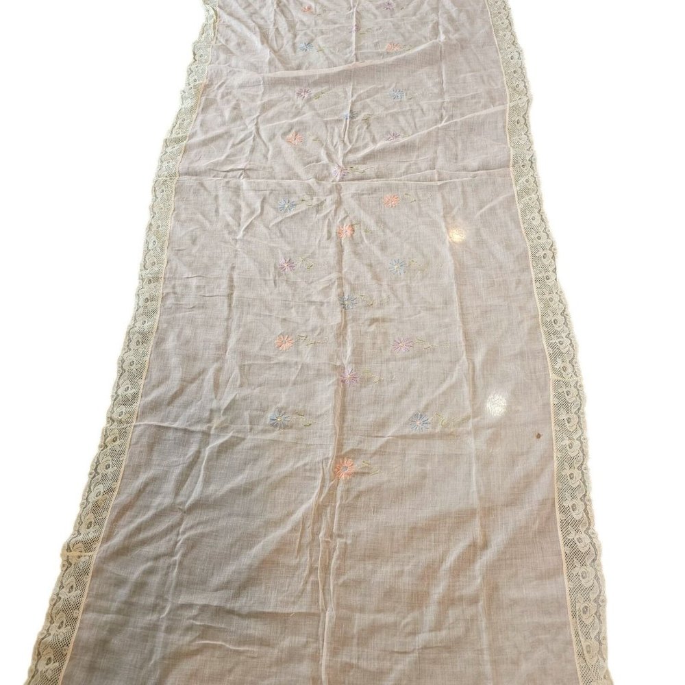 Vintage Embroidered Floral Dresser Scarf Table‎ Runner Pale Pink Ivory Lace